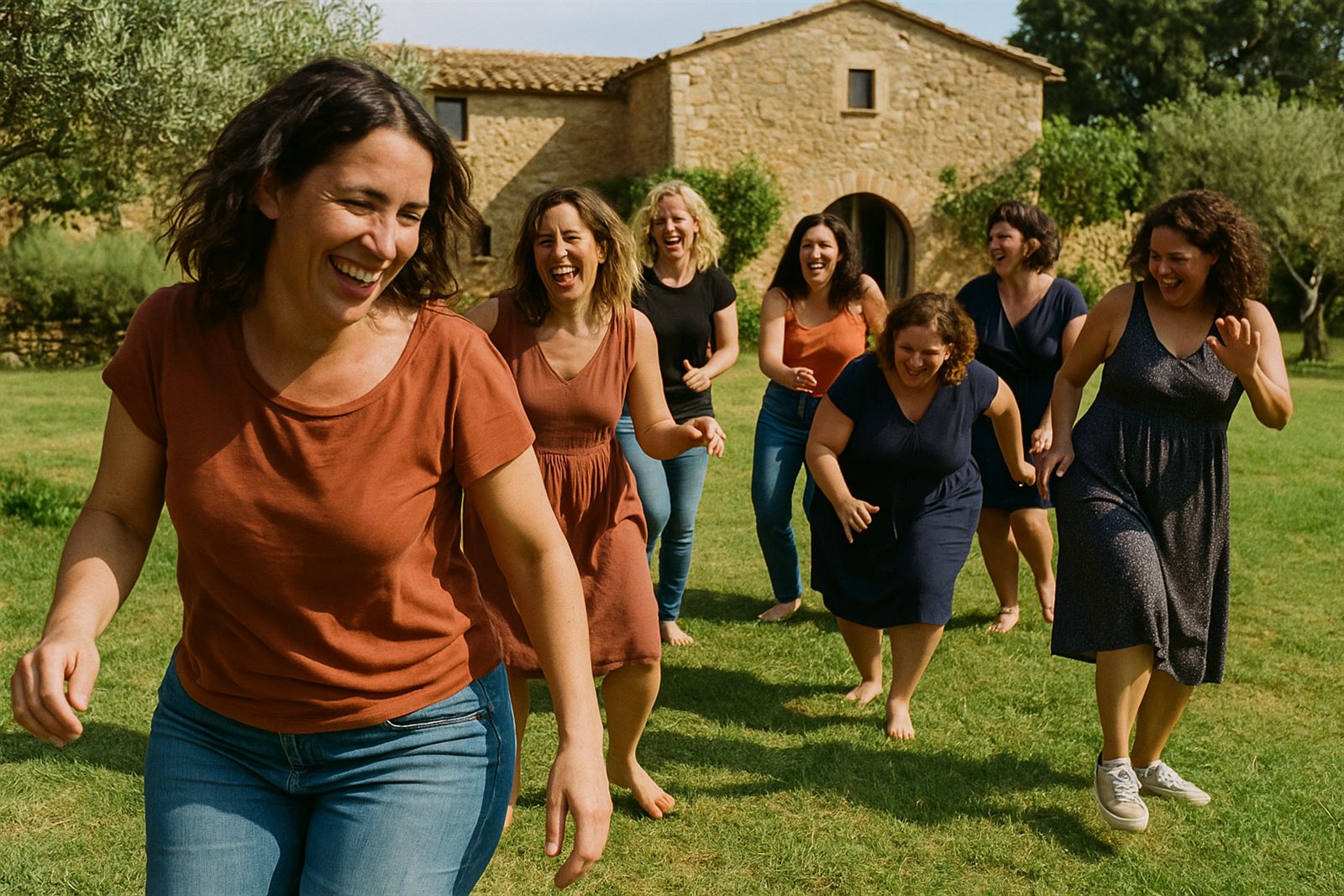 Dones ballant i rient a la gespa d'un jardí