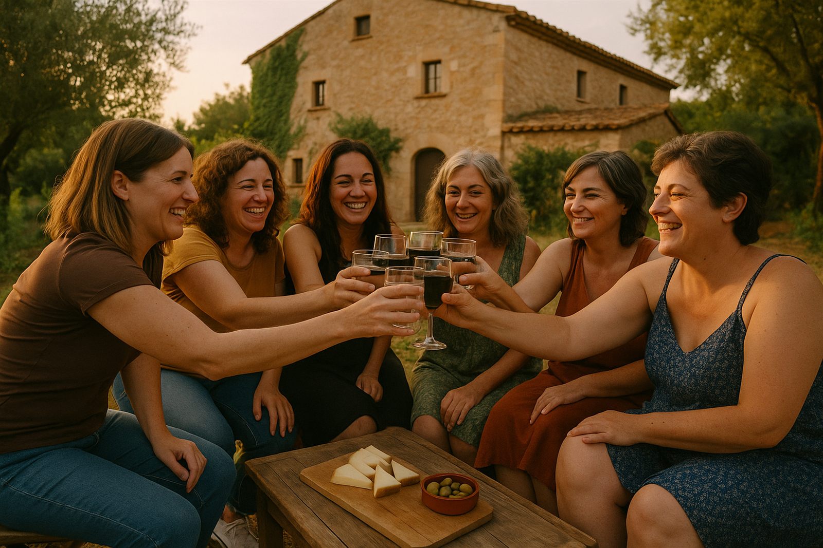 Brindis de dones al capvespre en un jardí