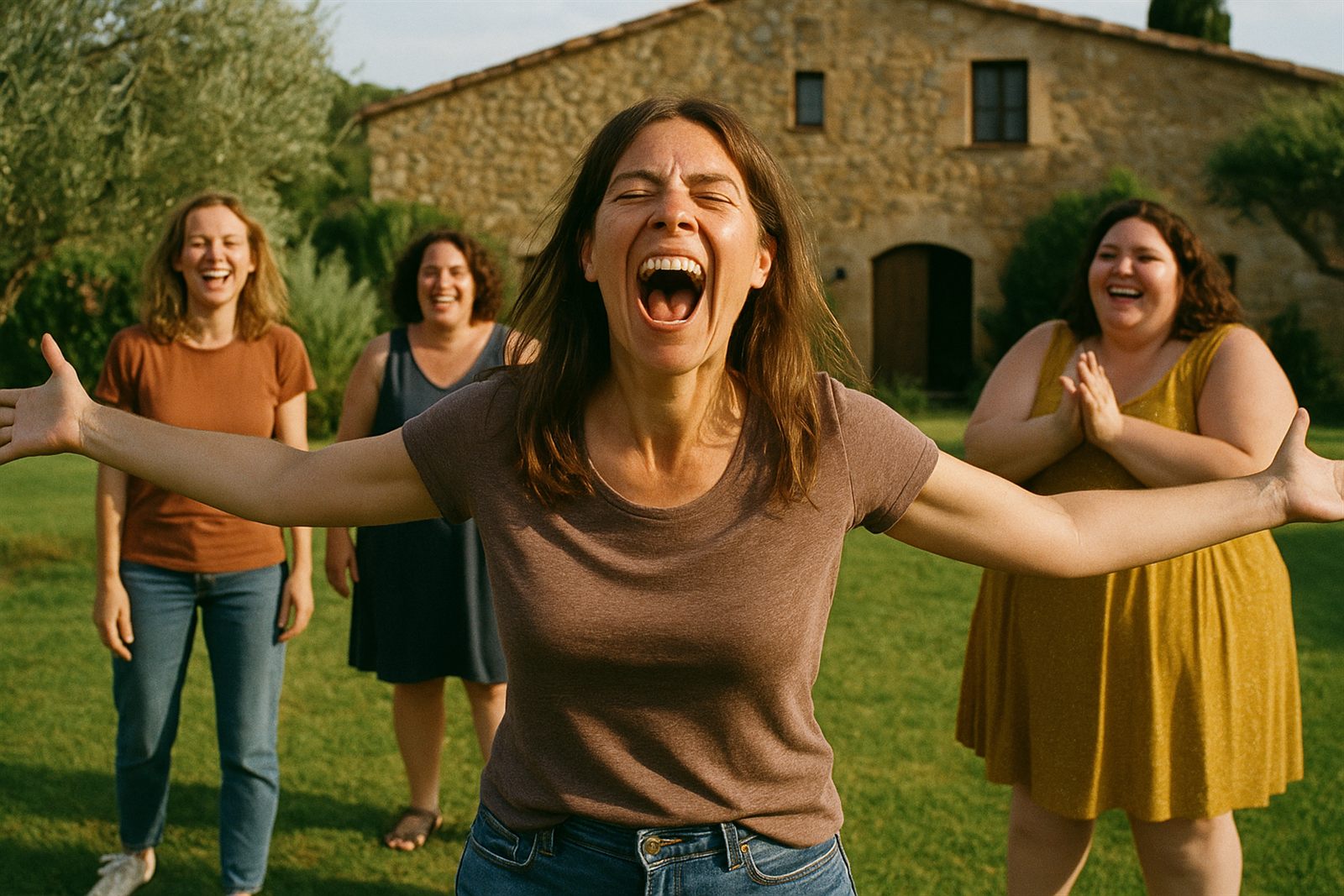 Una dona cridant alliberada al jardí, amb les amigues animant-la