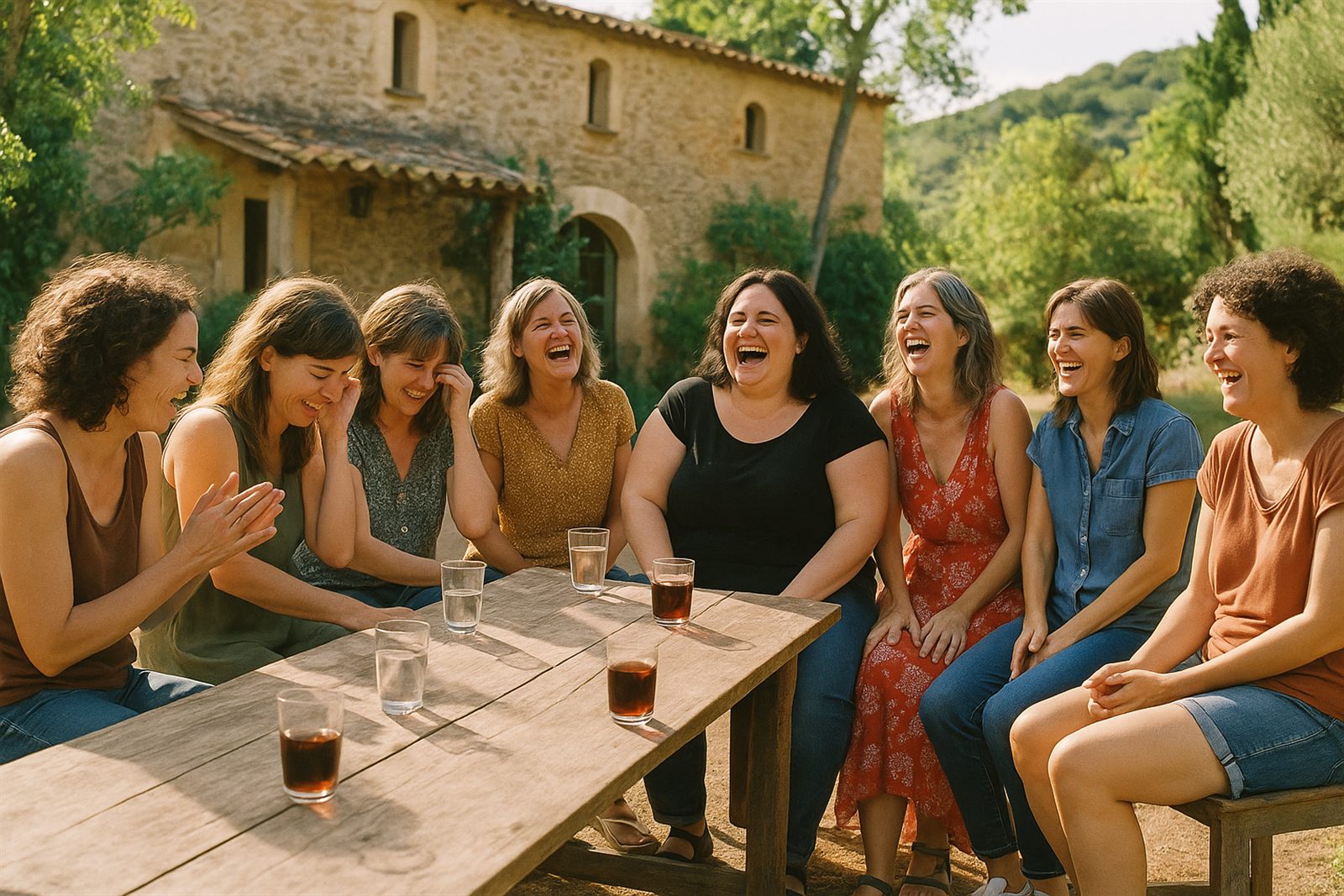 Un grup de dones rient juntes en una taula al jardí